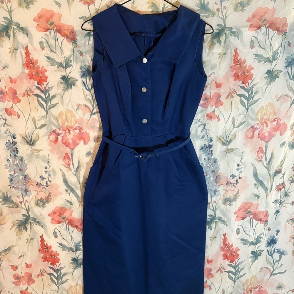 Vintage Elegant Homemade Navy Sleeveless Dress